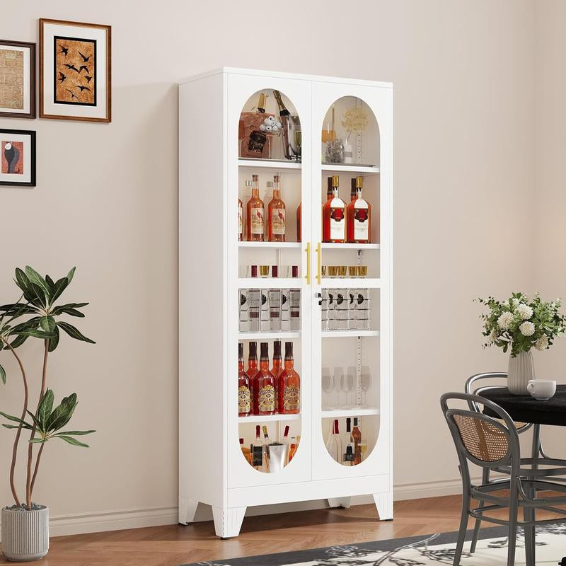 H61"/71"/75"Tall Display Cabinet with Glass Door, 5 Tier Metal Curio Cabinet with 4 Adjustable Shelves, Locking Glass Display Case for Collectibles, Showcase Storage Cabinets for Showroom Clinic, White