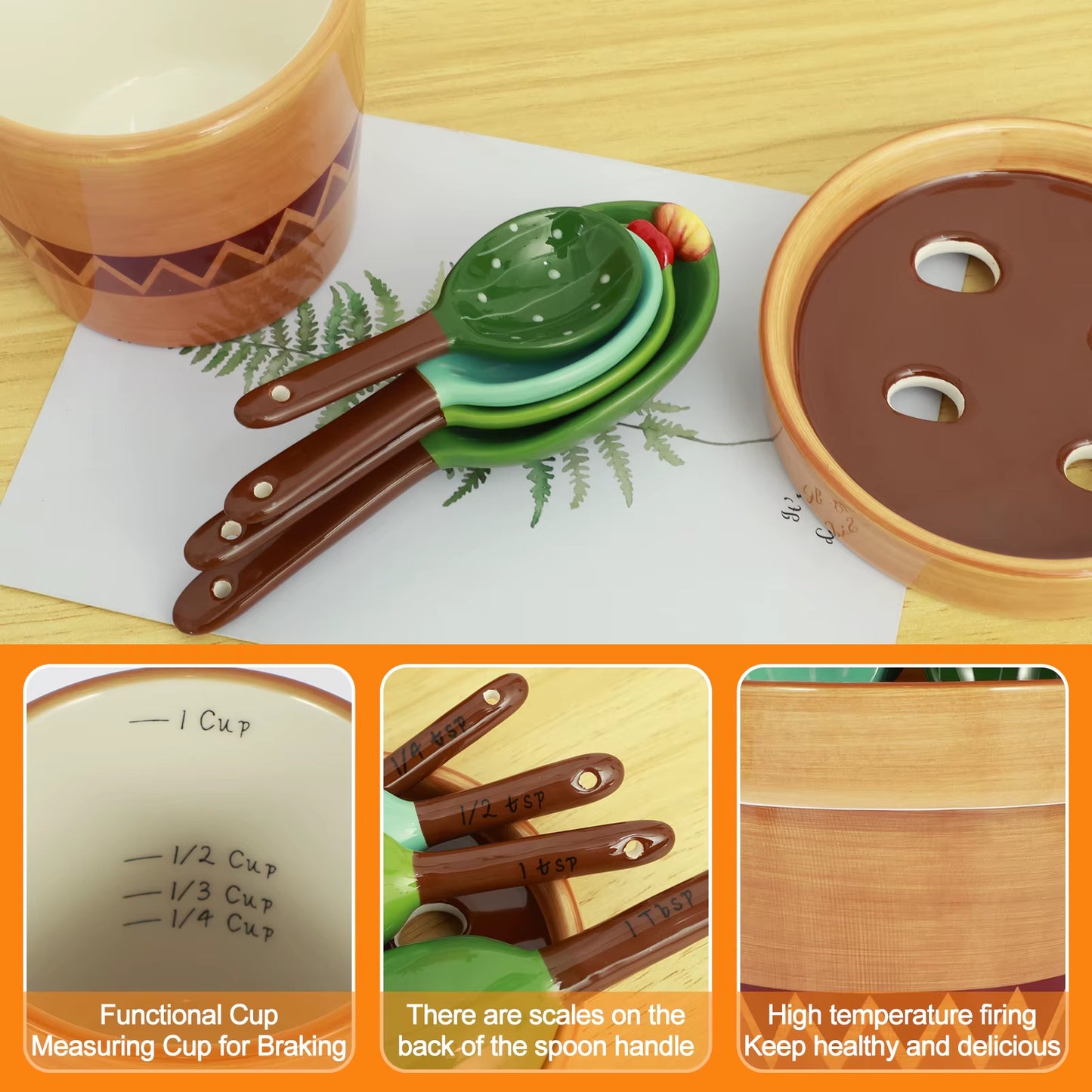 4Pcs Porcelain Measuring Spoons Set Wavy/Solid Color Pattern Base Cute Cactus Shape Kitchen Stirring Soup Spoon and Flower Pot
