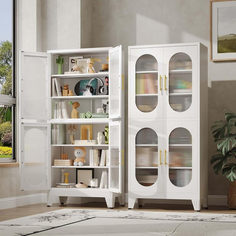 H61"/71"/75"Tall Display Cabinet with Glass Door, 5 Tier Metal Curio Cabinet with 4 Adjustable Shelves, Locking Glass Display Case for Collectibles, Showcase Storage Cabinets for Showroom Clinic, White